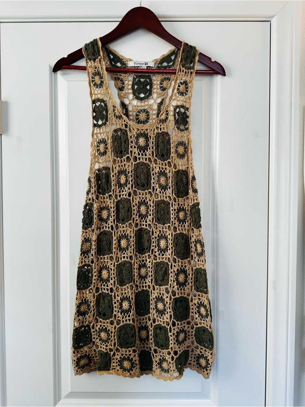 Olive Cream Crochet Mini Dress Beach Cover Up Boho Coastal Y2K Fall Small